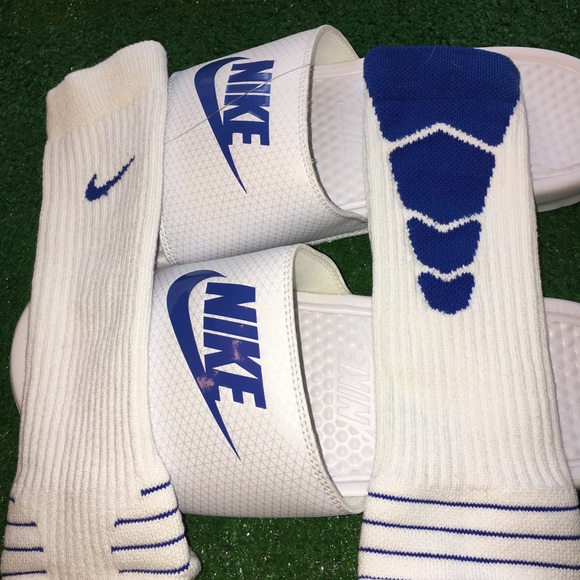 NEW NIKE BENASSI JDI SLIDE SIZE 12 WHITE / ROYAL BLUE WITH XL VAPOR SOCKS - Picture 6 of 8